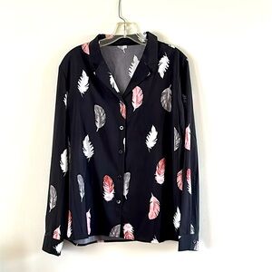 Black button down blouse with grey, white, and pink feathers. Size Large.